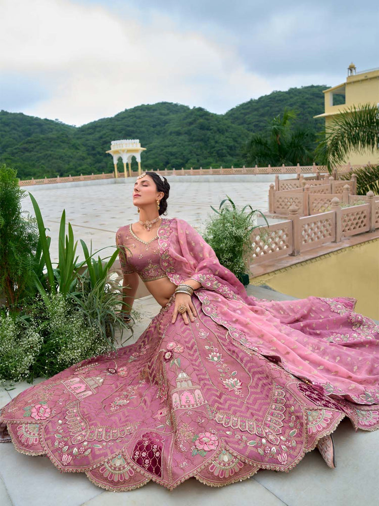 Rose gold Organza fabric Sequins work Semi-Stitched Lehenga choli & Dupatta ClothsVilla.com