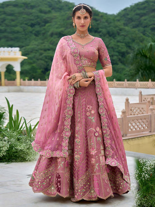Rose gold Organza fabric Sequins work Semi-Stitched Lehenga choli & Dupatta ClothsVilla.com