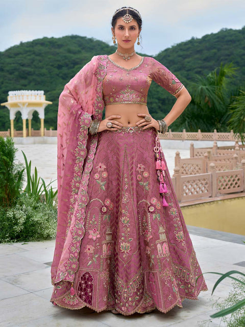 Rose gold Organza fabric Sequins work Semi-Stitched Lehenga choli & Dupatta ClothsVilla.com Main image