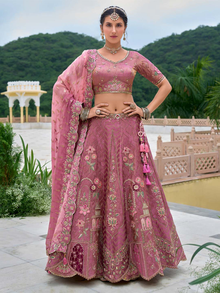 Rose gold Organza fabric Sequins work Semi-Stitched Lehenga choli & Dupatta ClothsVilla.com