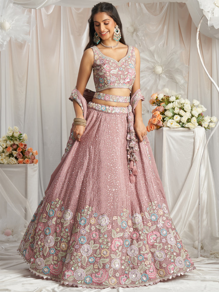 Rose Gold Pure Chiffon Sequins and thread embroidery Semi-Stitched Lehenga choli & Dupatta ClothsVilla