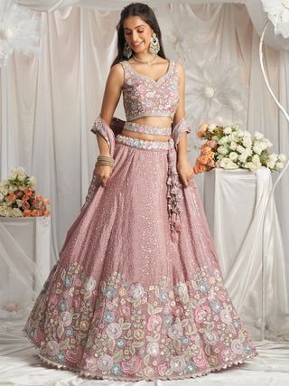 Rose Gold Pure Chiffon Sequins and thread embroidery Semi-Stitched Lehenga choli & Dupatta ClothsVilla
