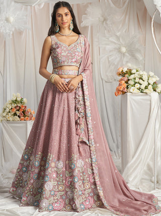 Rose Gold Pure Chiffon Sequins and thread embroidery Semi-Stitched Lehenga choli & Dupatta ClothsVilla