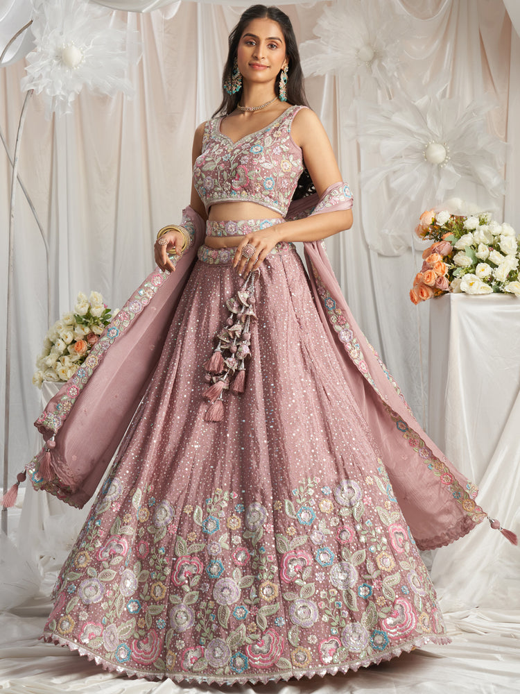 Rose Gold Pure Chiffon Sequins and thread embroidery Semi-Stitched Lehenga choli & Dupatta ClothsVilla