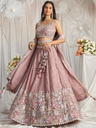 Rose Gold Pure Chiffon Sequins and thread embroidery Semi-Stitched Lehenga choli & Dupatta ClothsVilla