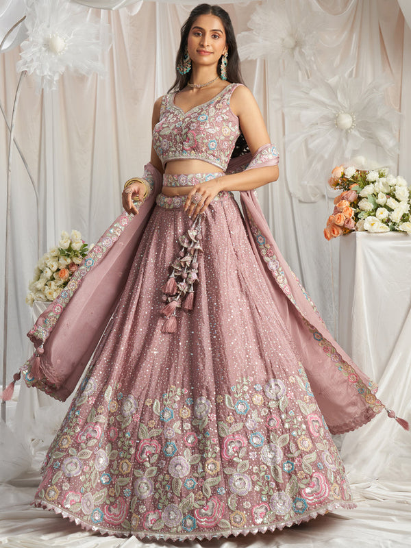 Rose Gold Pure Chiffon Sequins and thread embroidery Semi-Stitched Lehenga choli & Dupatta ClothsVilla