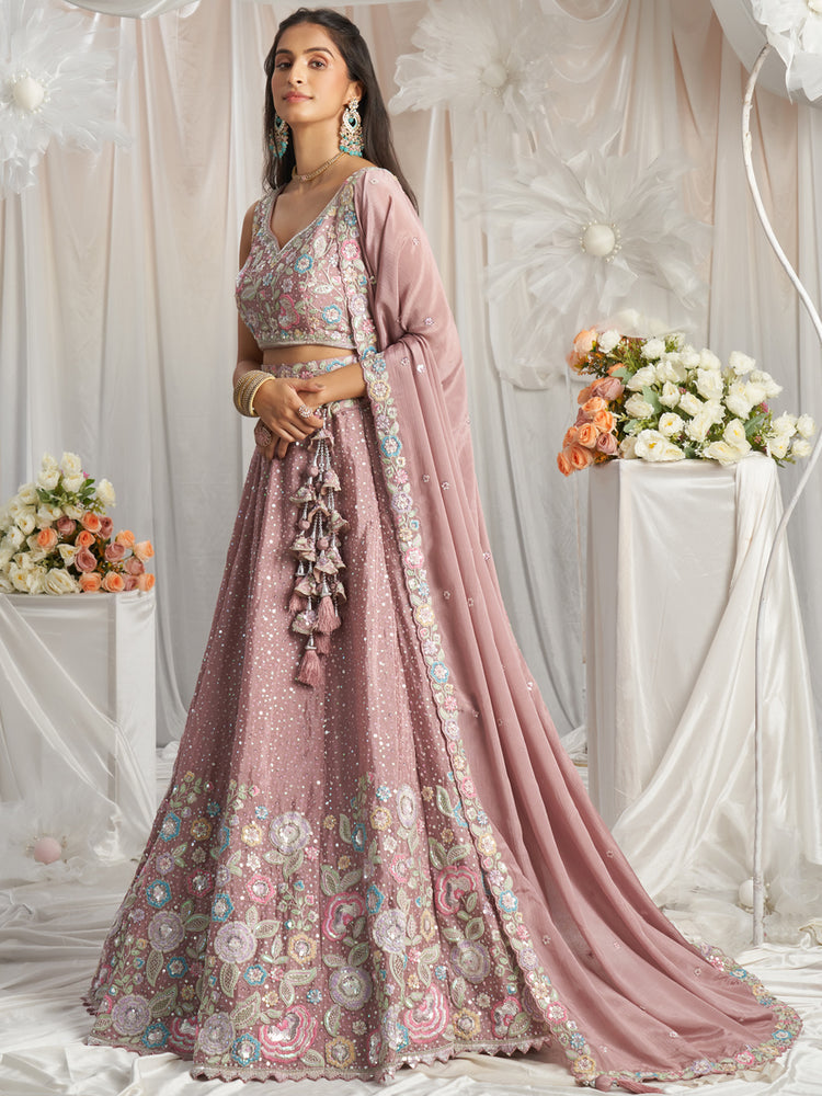 Rose Gold Pure Chiffon Sequins and thread embroidery Semi-Stitched Lehenga choli & Dupatta ClothsVilla