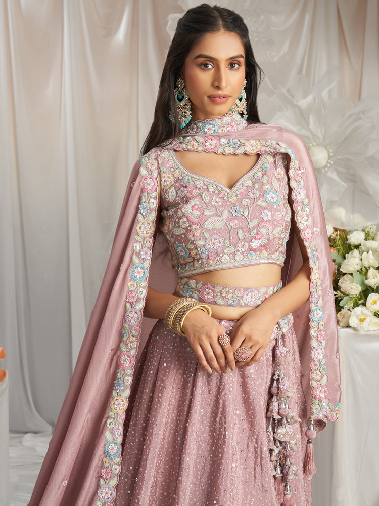 Rose Gold Pure Chiffon Sequins and thread embroidery Semi-Stitched Lehenga choli & Dupatta ClothsVilla