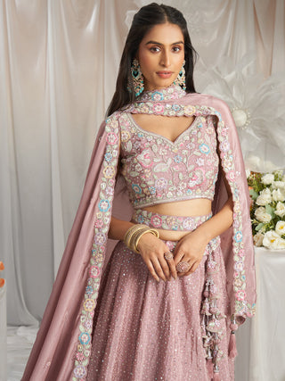 Rose Gold Pure Chiffon Sequins and thread embroidery Semi-Stitched Lehenga choli & Dupatta ClothsVilla