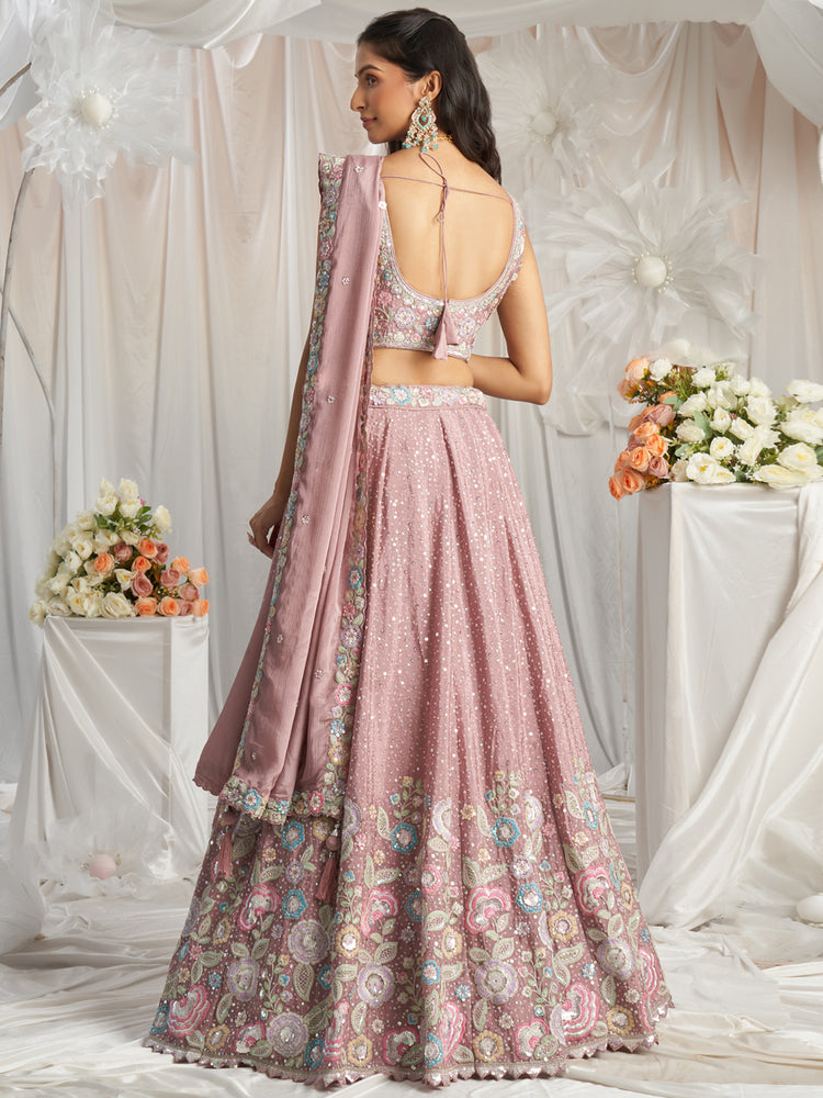 Rose Gold Pure Chiffon Sequins and thread embroidery Semi-Stitched Lehenga choli & Dupatta ClothsVilla