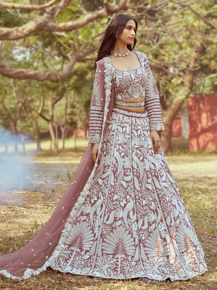 Rose Gold Pure Satin Sequins embroidery Semi-Stitched Lehenga choli & Dupatta ClothsVilla
