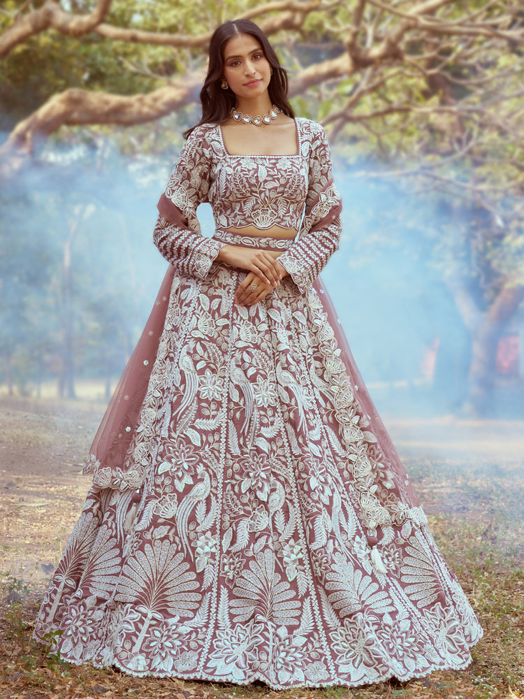 Rose Gold Pure Satin Sequins embroidery Semi-Stitched Lehenga choli & Dupatta ClothsVilla