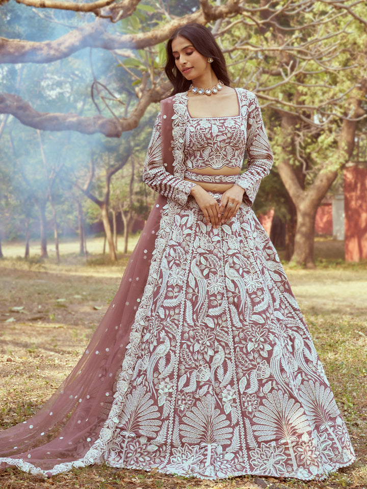 Rose Gold Pure Satin Sequins embroidery Semi-Stitched Lehenga choli & Dupatta ClothsVilla
