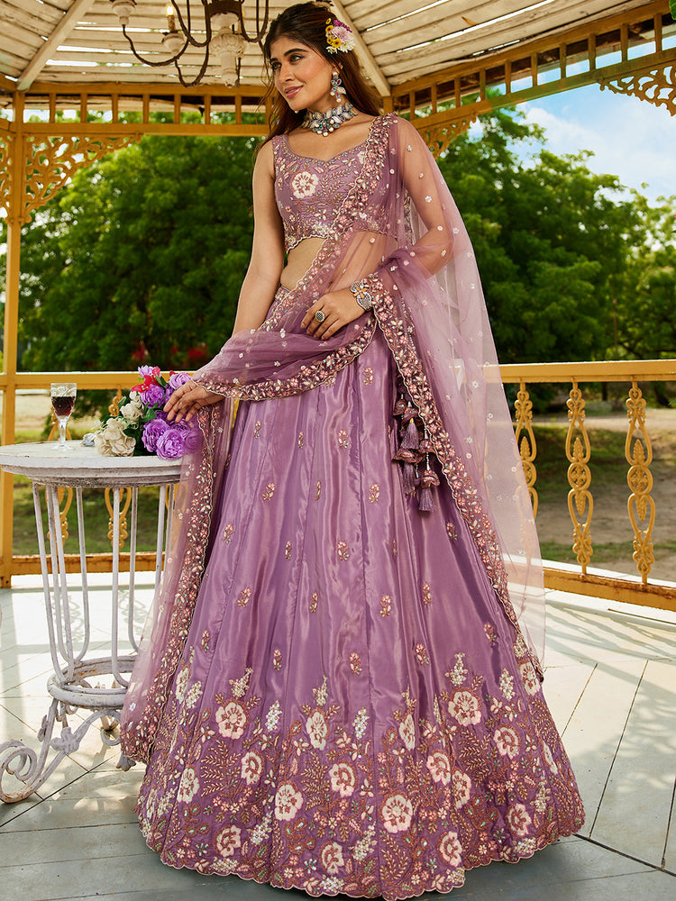 Rose Gold Satin Lehenga Choli Set with Net Dupatta Heavy Embroidered AIndian Outfit ClothsVilla