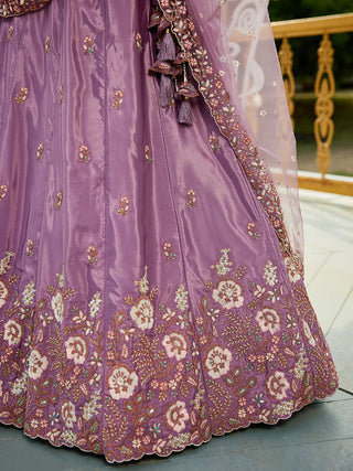 Rose Gold Satin Lehenga Choli Set with Net Dupatta Heavy Embroidered AIndian Outfit ClothsVilla