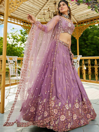 Rose Gold Satin Lehenga Choli Set with Net Dupatta Heavy Embroidered AIndian Outfit ClothsVilla