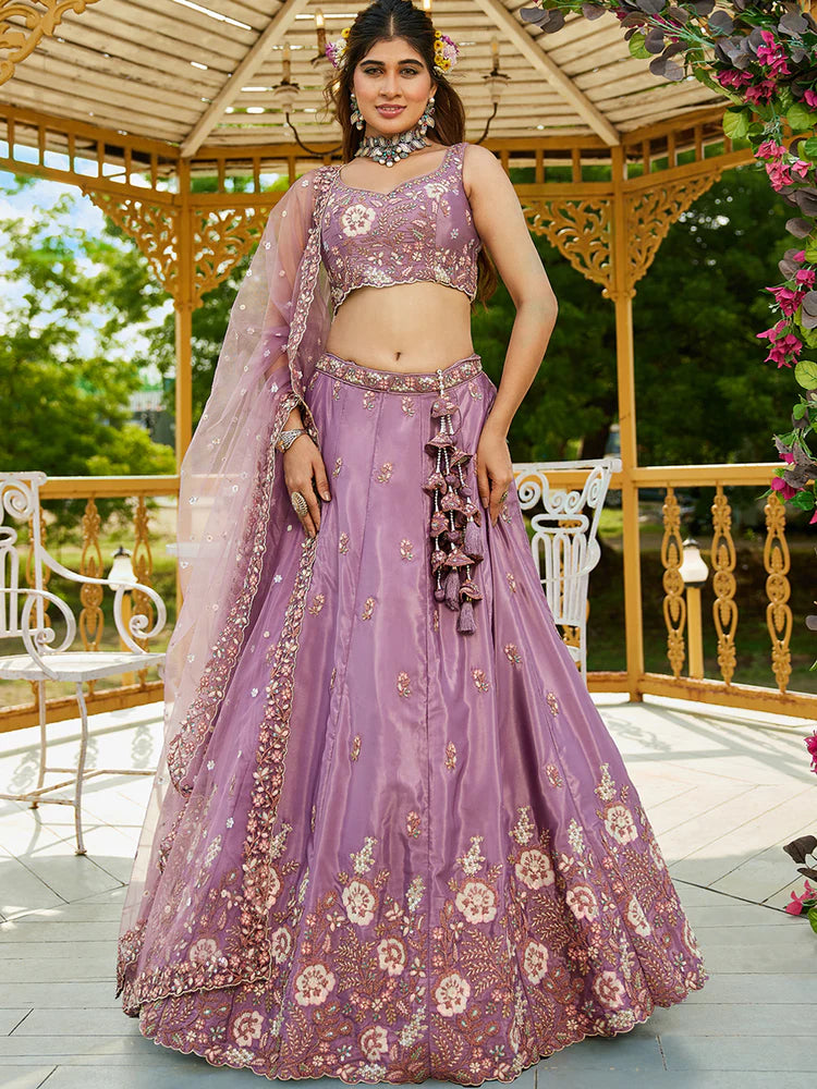 Rose Gold Satin Lehenga Choli Set with Net Dupatta Heavy Embroidered AIndian Outfit