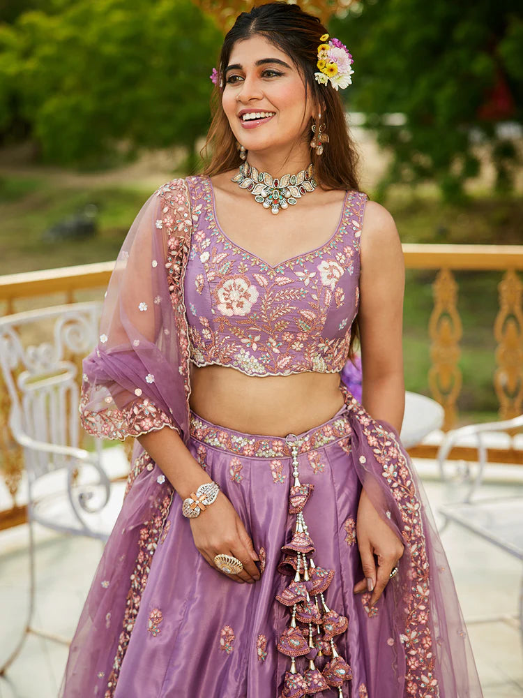 Rose Gold Satin Lehenga Choli Set with Net Dupatta Heavy Embroidered AIndian Outfit ClothsVilla