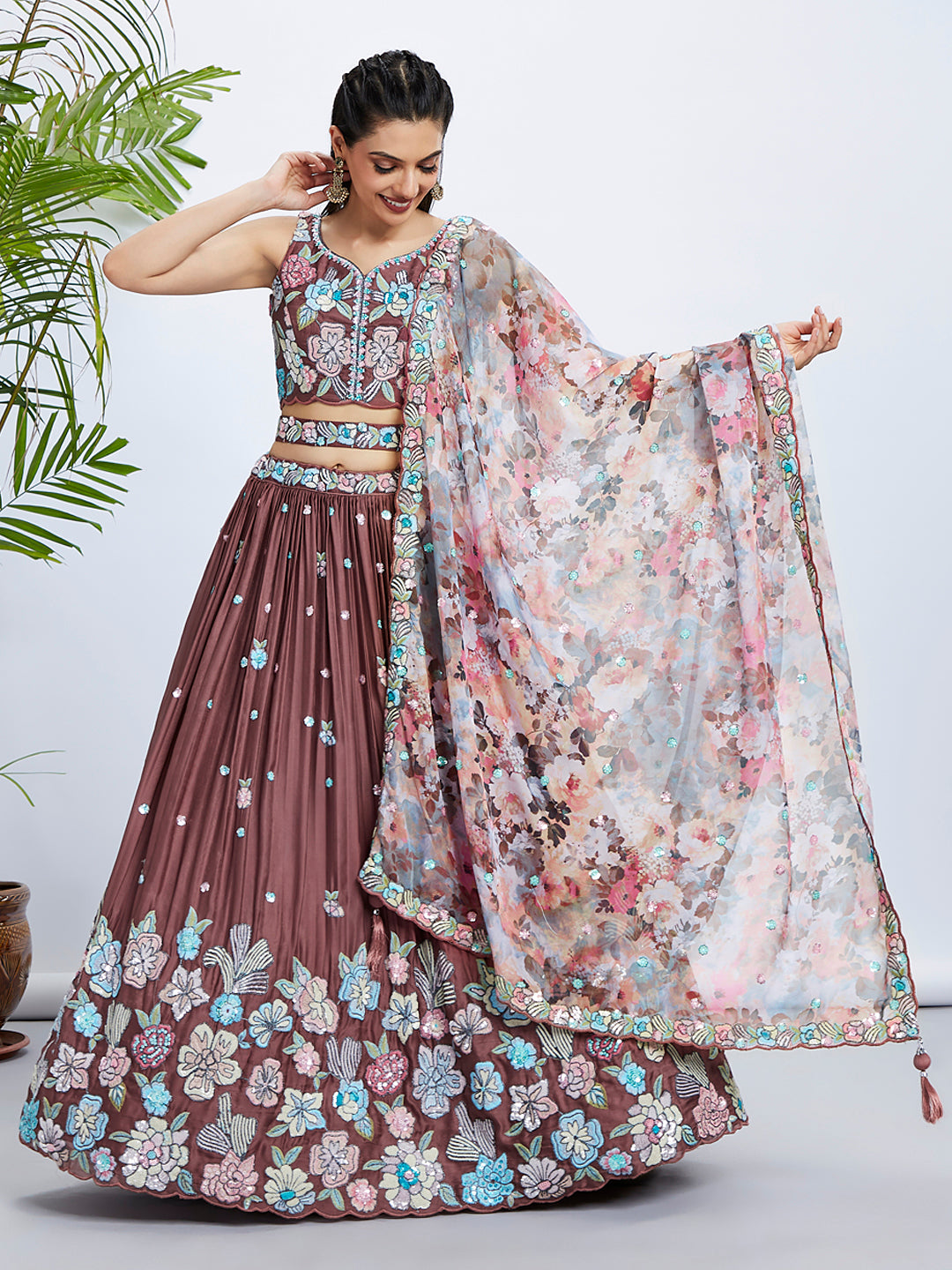 Rose Gold Sequin Embroidered Lehenga Choli Set with Multicolor Organza Dupatta ClothsVilla Main image