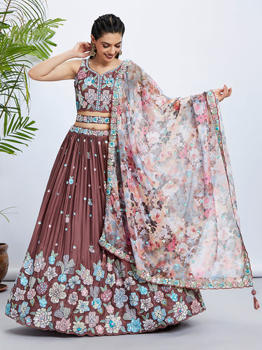 Rose Gold Sequin Embroidered Lehenga Choli Set with Multicolor Organza Dupatta ClothsVilla