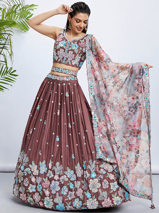 Rose Gold Sequin Embroidered Lehenga Choli Set with Multicolor Organza Dupatta ClothsVilla