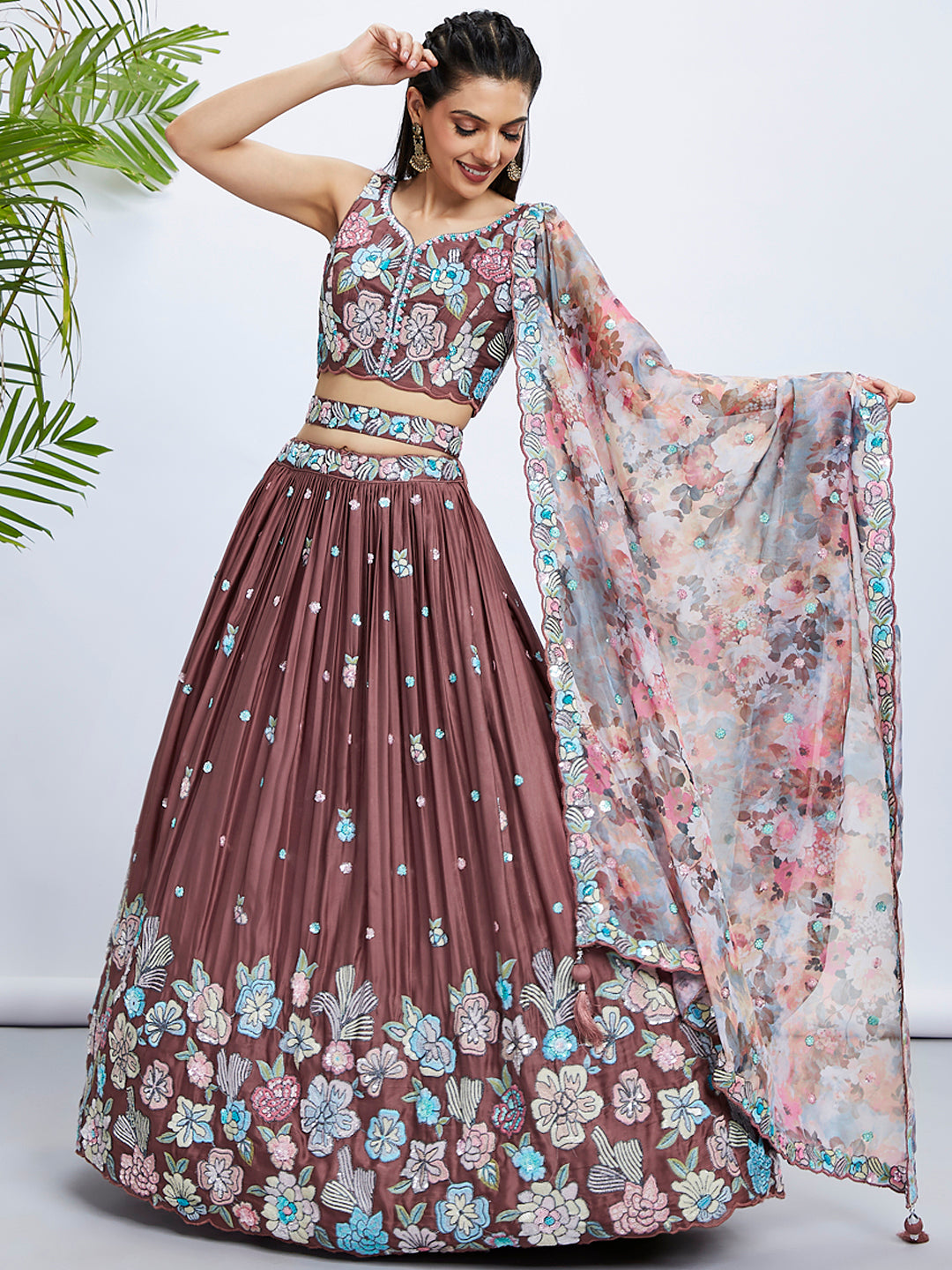 Rose Gold Sequin Embroidered Lehenga Choli Set with Multicolor Organza Dupatta ClothsVilla
