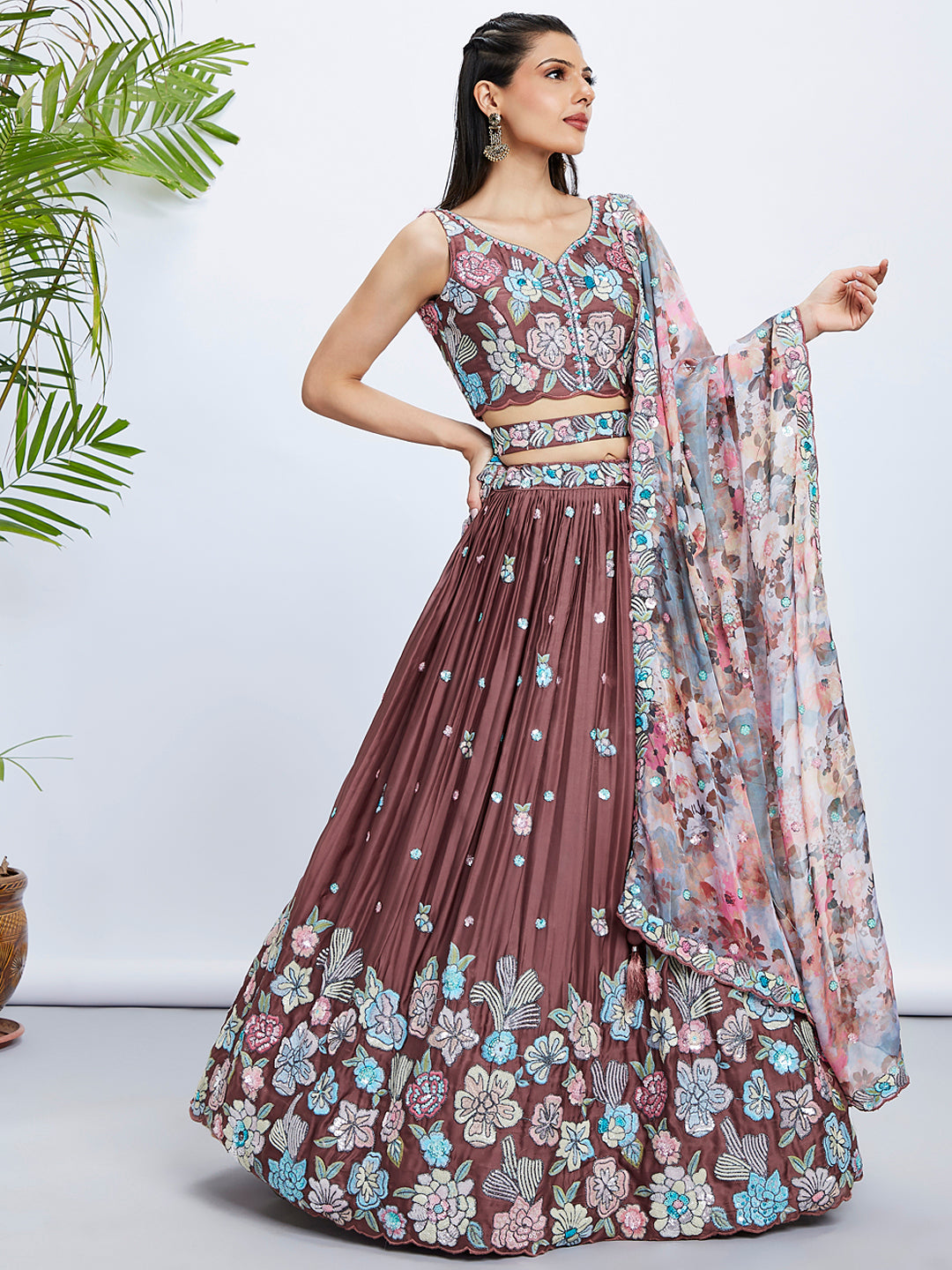 Rose Gold Sequin Embroidered Lehenga Choli Set with Multicolor Organza Dupatta ClothsVilla