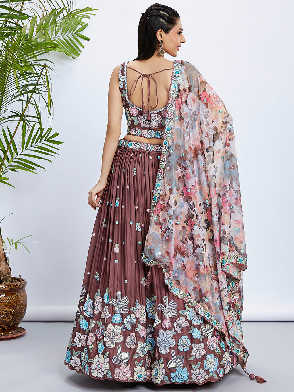 Rose Gold Sequin Embroidered Lehenga Choli Set with Multicolor Organza Dupatta ClothsVilla