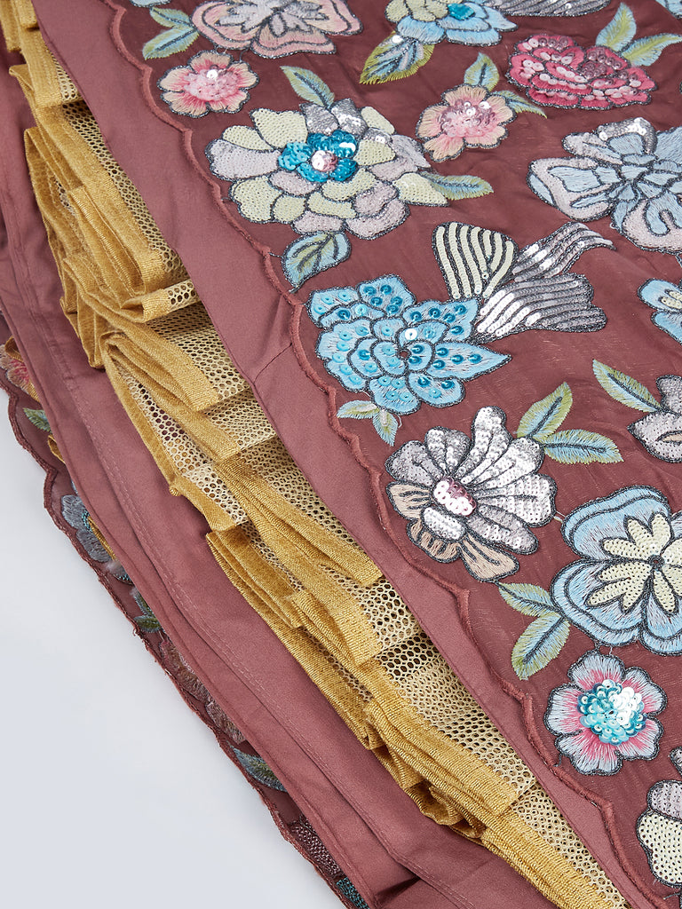 Rose Gold Sequin Embroidered Lehenga Choli Set with Multicolor Organza Dupatta ClothsVilla