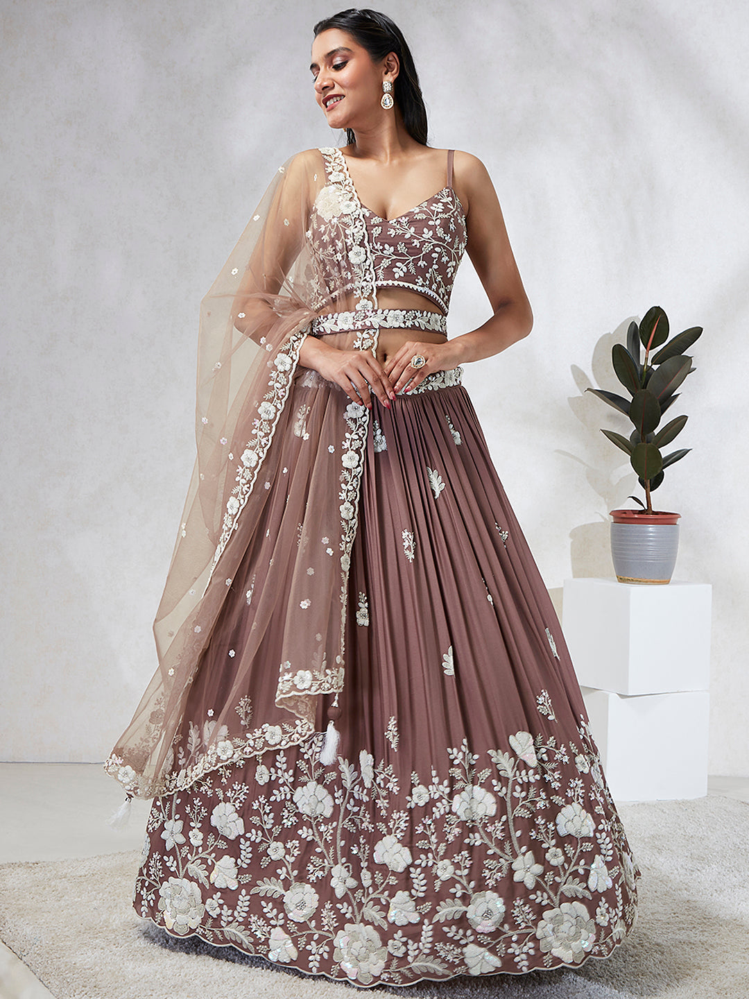 Rose Gold Sequinned Lehenga Choli Set - Embroidered Elegance ClothsVilla Main image