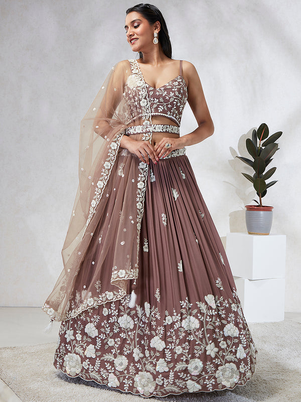 Rose Gold Sequinned Lehenga Choli Set - Embroidered Elegance ClothsVilla