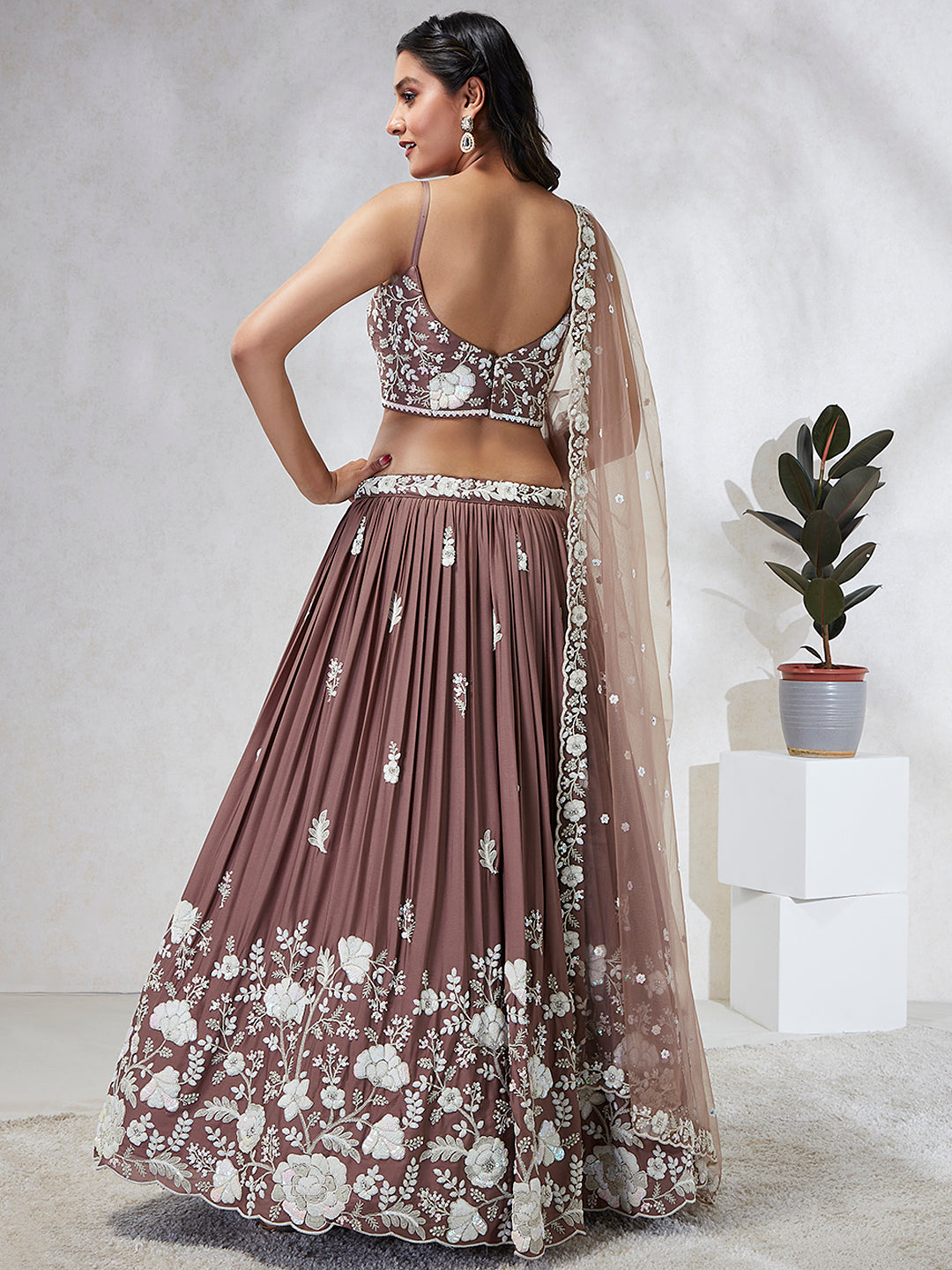 Rose Gold Sequinned Lehenga Choli Set - Embroidered Elegance ClothsVilla