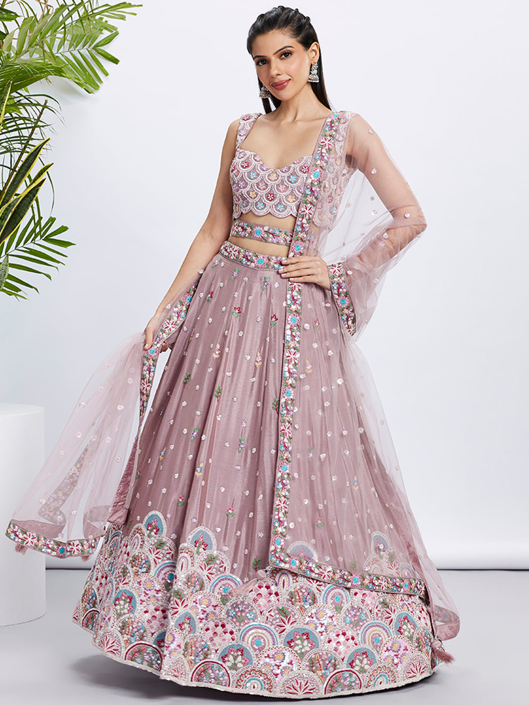 Rose Gold Shimmer Mauve Sequined & Embroidered Semi-Stitched Lehenga Choli Set ClothsVilla