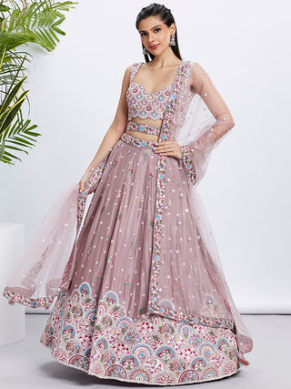 Rose Gold Shimmer Mauve Sequined & Embroidered Semi-Stitched Lehenga Choli Set ClothsVilla