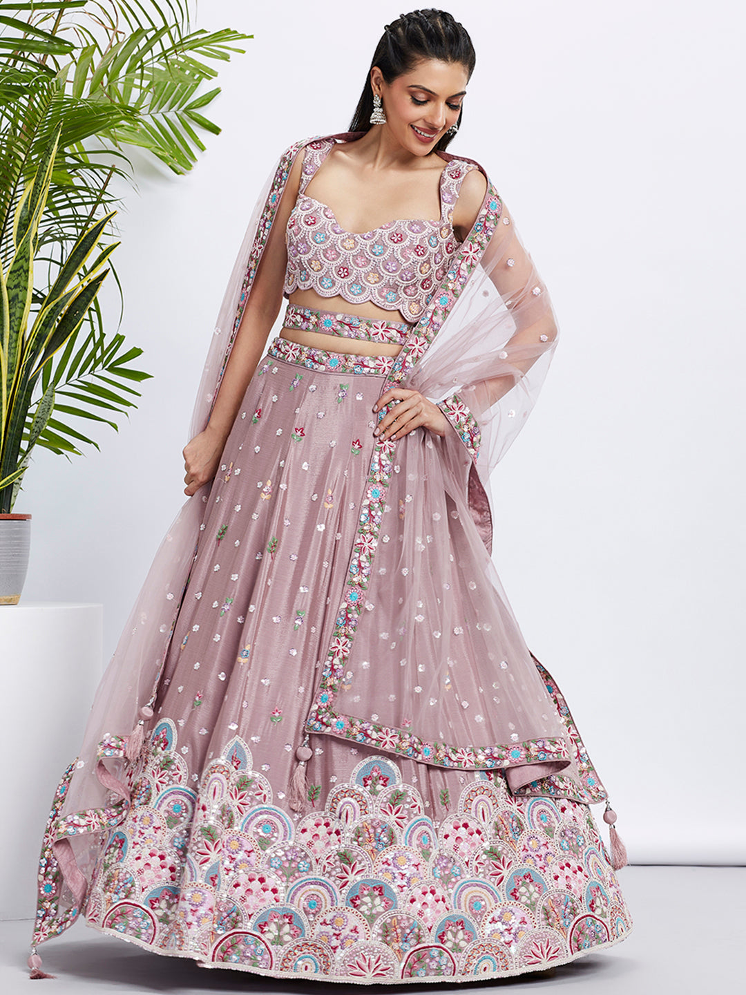 Rose Gold Shimmer Mauve Sequined & Embroidered Semi-Stitched Lehenga Choli Set ClothsVilla
