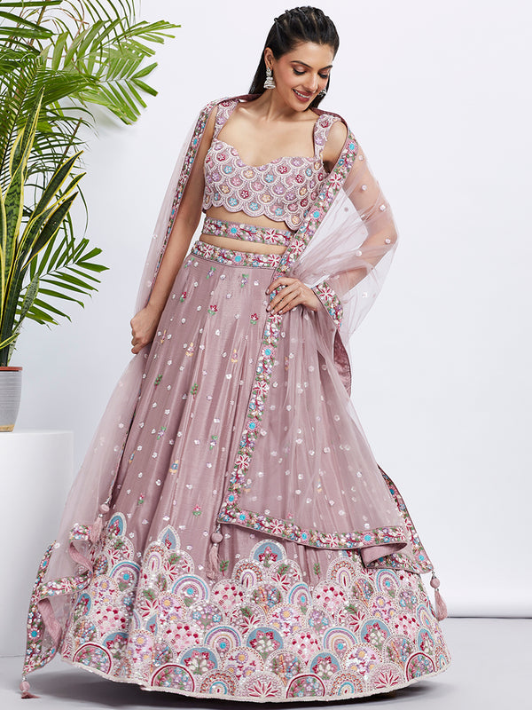 Rose Gold Shimmer Mauve Sequined & Embroidered Semi-Stitched Lehenga Choli Set ClothsVilla