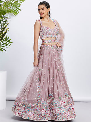 Rose Gold Shimmer Mauve Sequined & Embroidered Semi-Stitched Lehenga Choli Set ClothsVilla