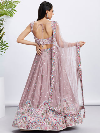 Rose Gold Shimmer Mauve Sequined & Embroidered Semi-Stitched Lehenga Choli Set ClothsVilla