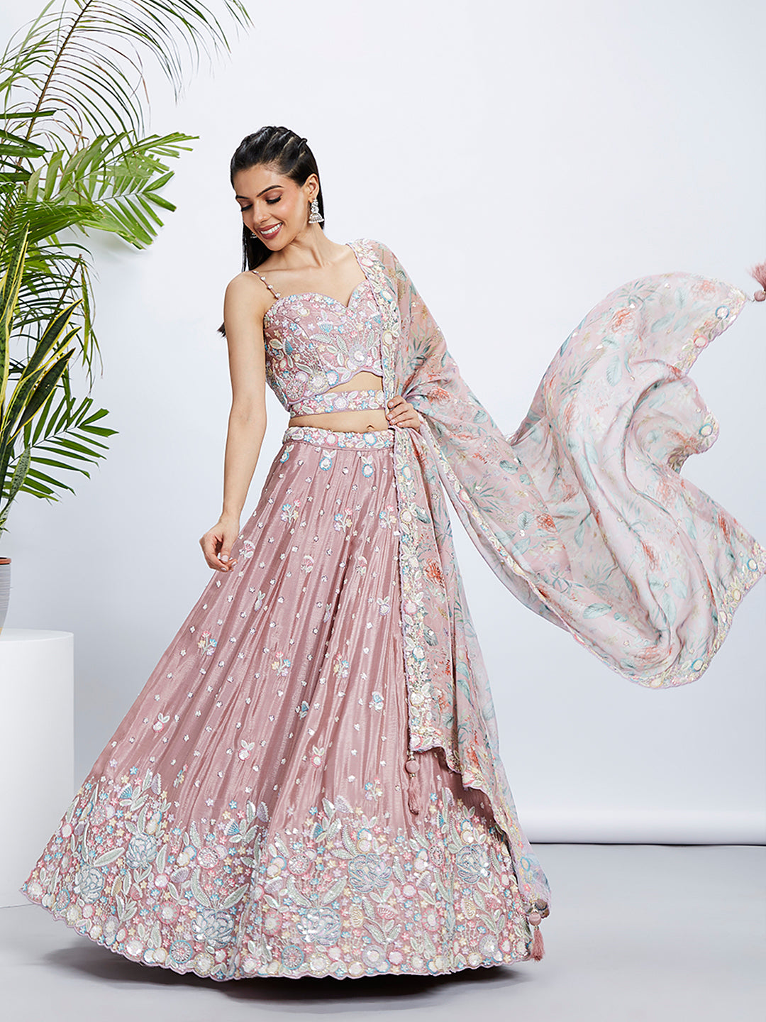 Rose Gold Shimmer Semi-Stitched Lehenga Choli Set with Sequin & Thread Embroidery ClothsVilla