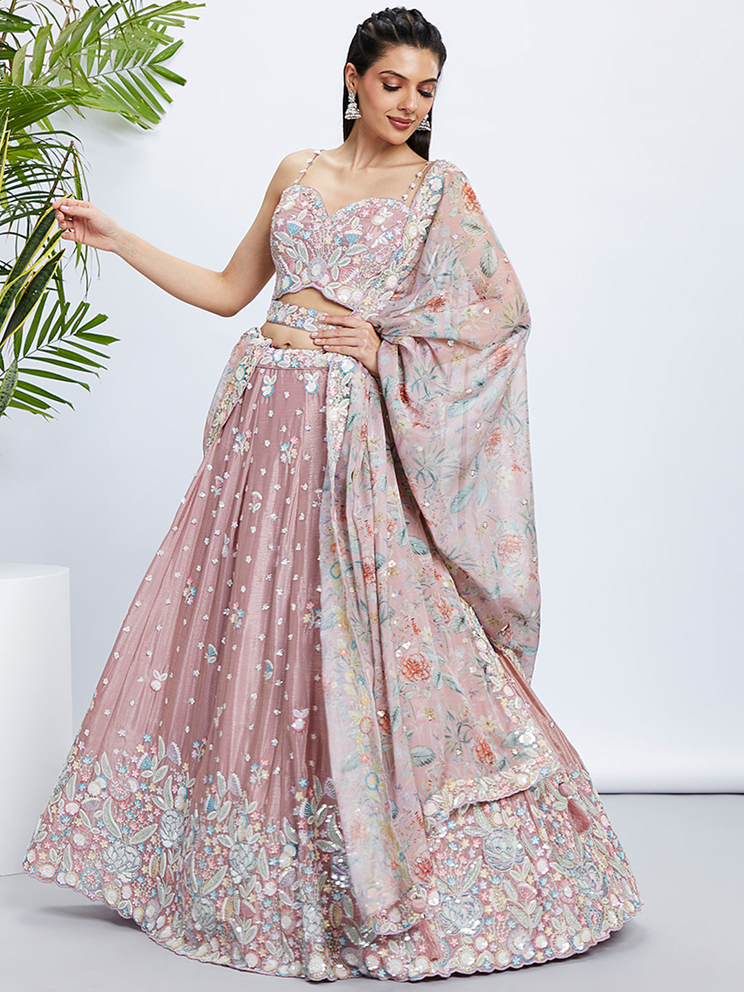 Rose Gold Shimmer Semi-Stitched Lehenga Choli Set with Sequin & Thread Embroidery ClothsVilla