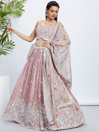 Rose Gold Shimmer Semi-Stitched Lehenga Choli Set with Sequin & Thread Embroidery ClothsVilla