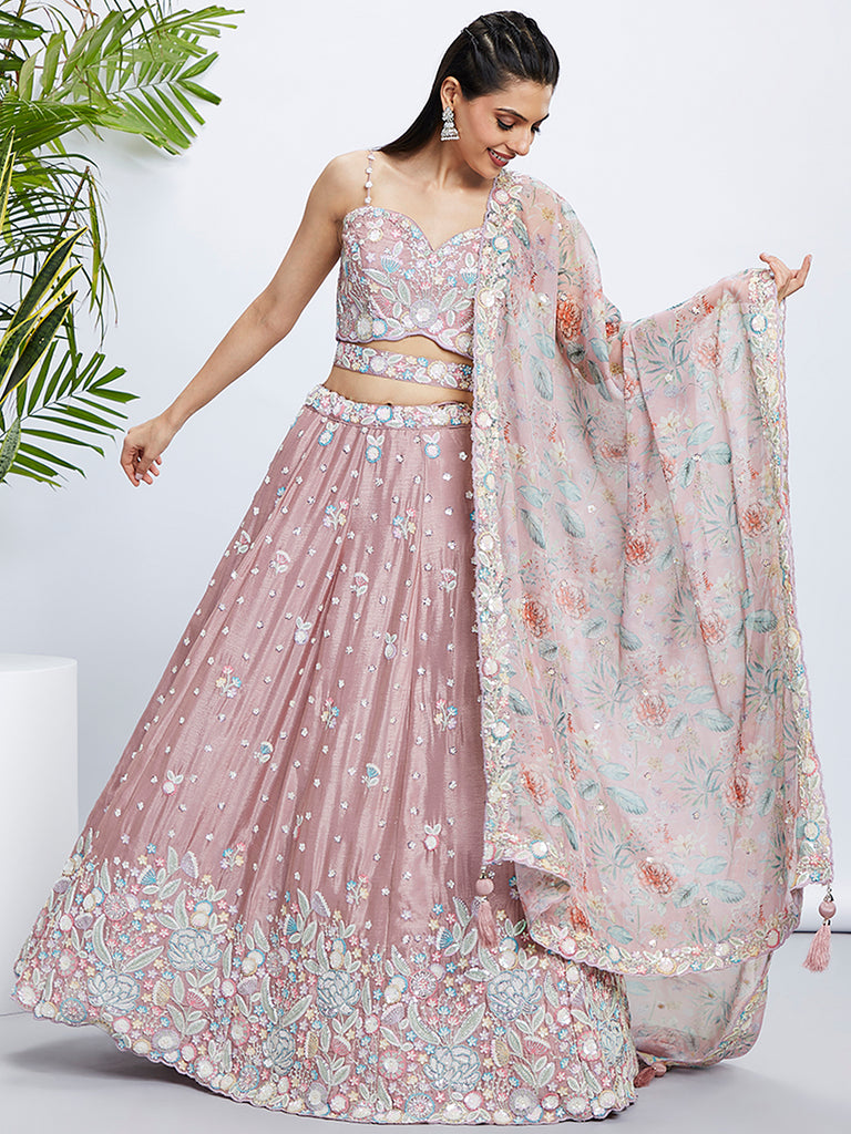 Rose Gold Shimmer Semi-Stitched Lehenga Choli Set with Sequin & Thread Embroidery ClothsVilla