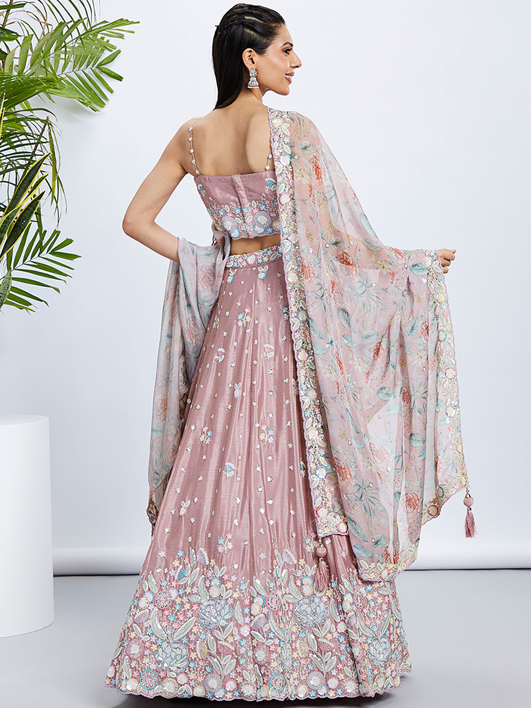Rose Gold Shimmer Semi-Stitched Lehenga Choli Set with Sequin & Thread Embroidery ClothsVilla