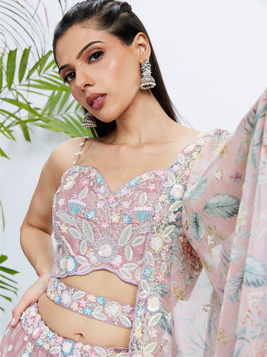Rose Gold Shimmer Semi-Stitched Lehenga Choli Set with Sequin & Thread Embroidery ClothsVilla