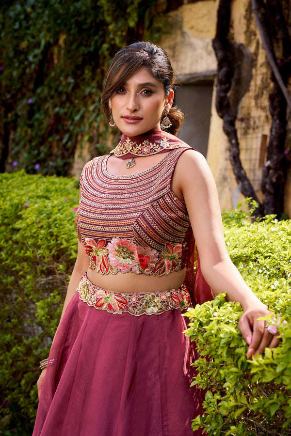 Rose Gold Silk Sequins & Thread Embroidered Lehenga Choli Set ClothsVilla