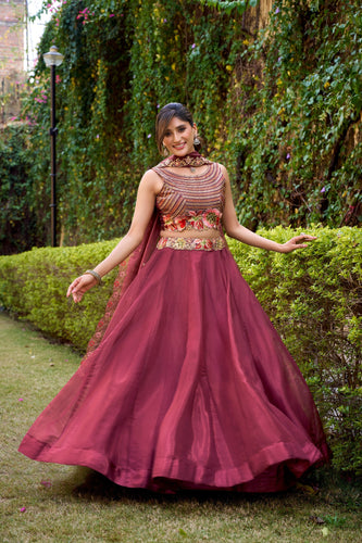 Rose Gold Silk Sequins & Thread Embroidered Lehenga Choli Set ClothsVilla