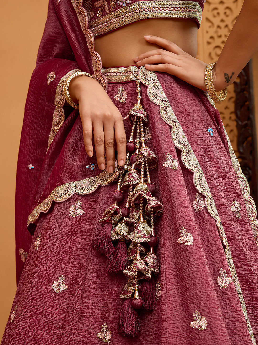Rose Gold Tissue Lehenga Choli with Sequins, Stones & Thread Embroidery – Full-Flared Semi-Stitched Lehenga with Ethnic Dupatta ClothsVilla