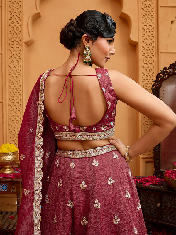Rose Gold Tissue Lehenga Choli with Sequins, Stones & Thread Embroidery – Full-Flared Semi-Stitched Lehenga with Ethnic Dupatta ClothsVilla