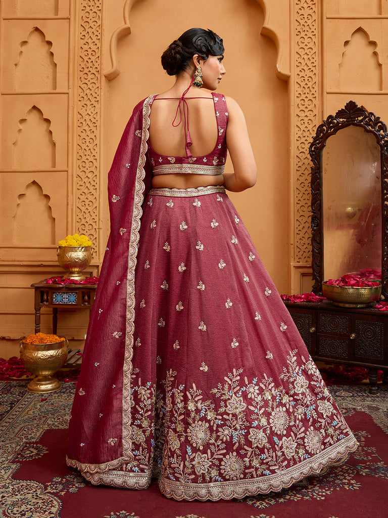 Rose Gold Tissue Lehenga Choli with Sequins, Stones & Thread Embroidery – Full-Flared Semi-Stitched Lehenga with Ethnic Dupatta ClothsVilla