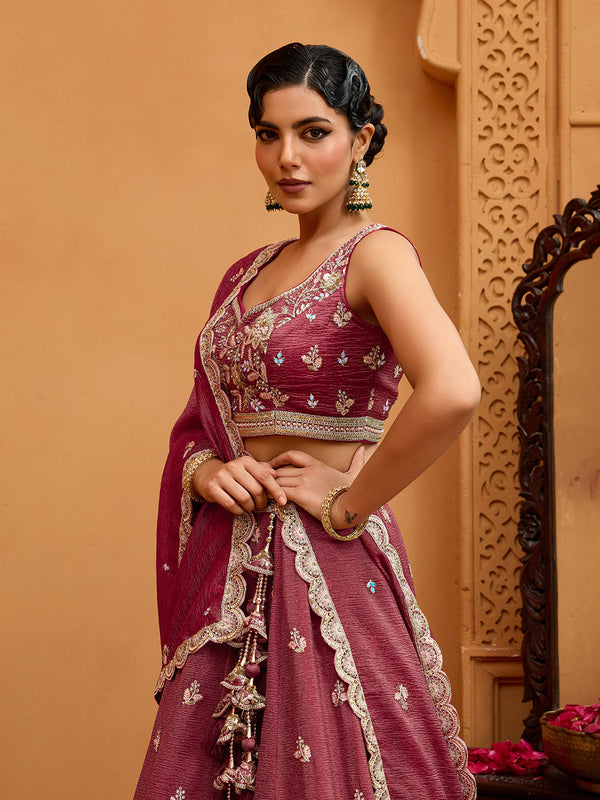 Rose Gold Tissue Lehenga Choli with Sequins, Stones & Thread Embroidery – Full-Flared Semi-Stitched Lehenga with Ethnic Dupatta ClothsVilla